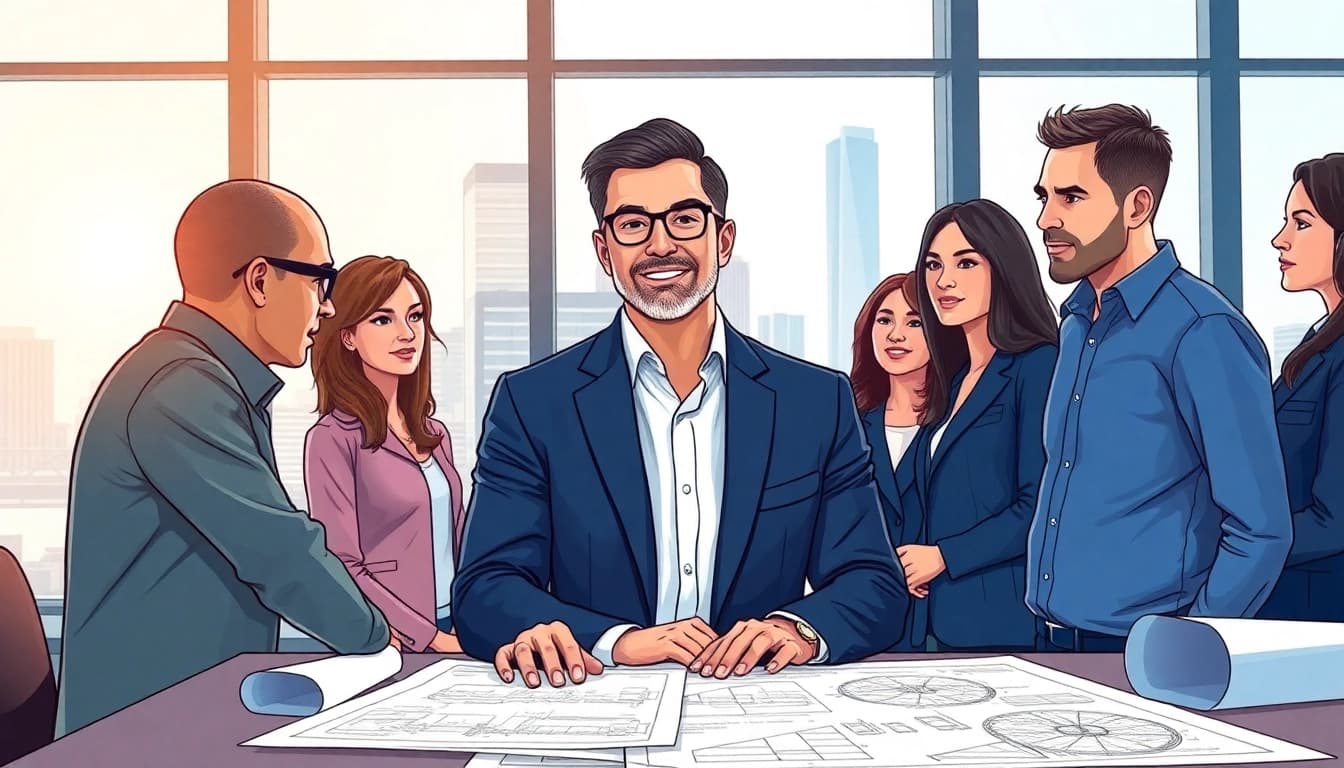 Headhunter Ingenieure in einem professionellen Bürogespräch mit Ingenieuren dargestellt.