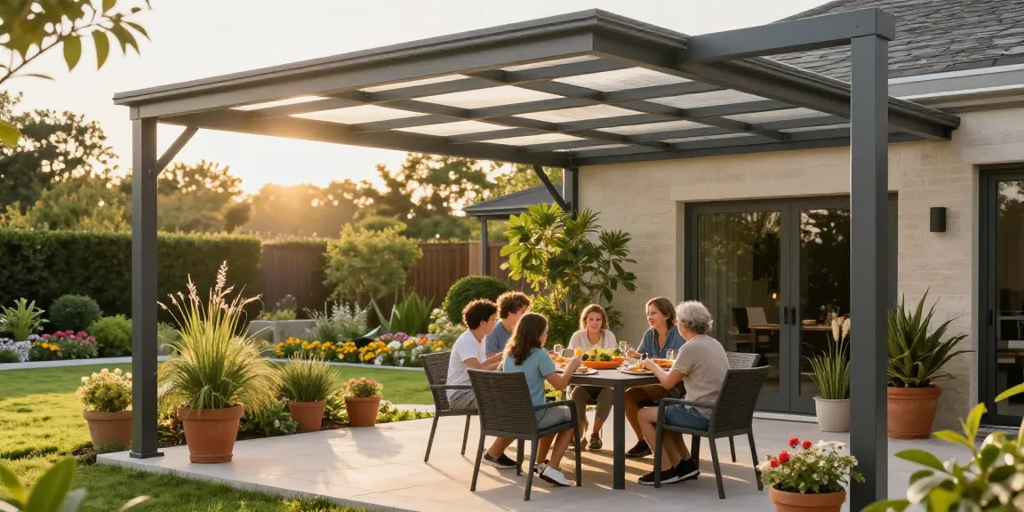Moderne Terrassenüberdachung mit Familie bei sommerlichem Essen in einem einladenden Garten.