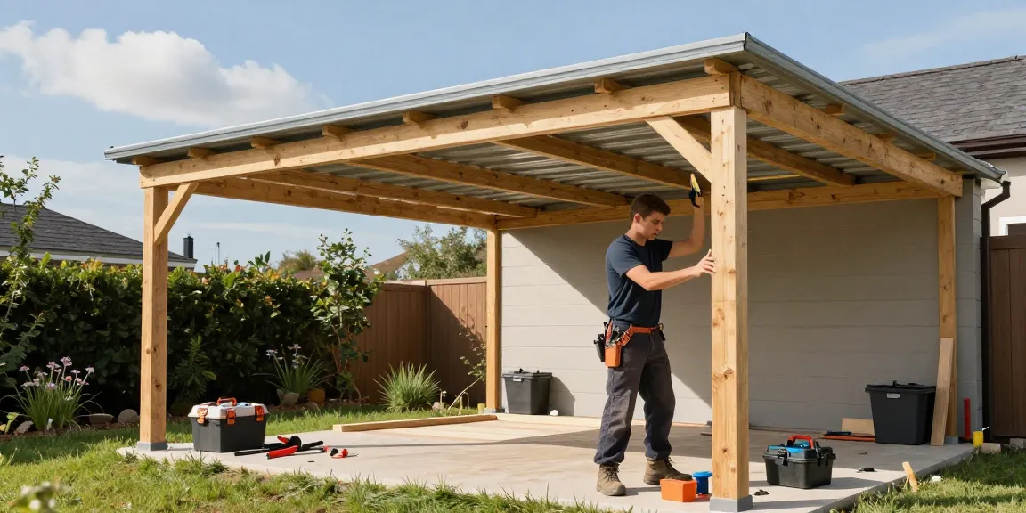 Carport-Bau mit Handwerkern und Werkzeugen im Garten.