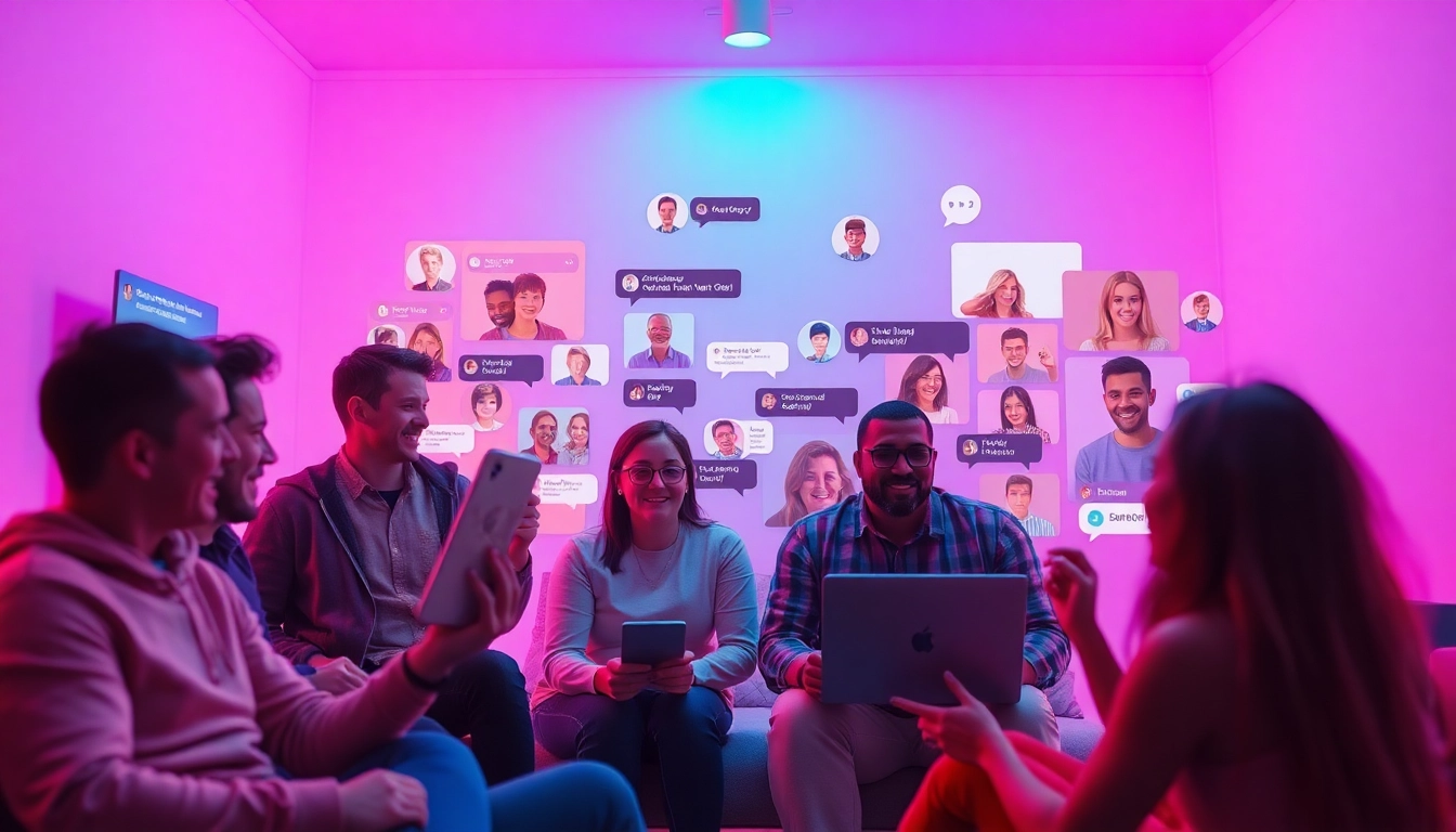 Dynamic sex chat scene with diverse users expressing themselves in a vibrant online environment.