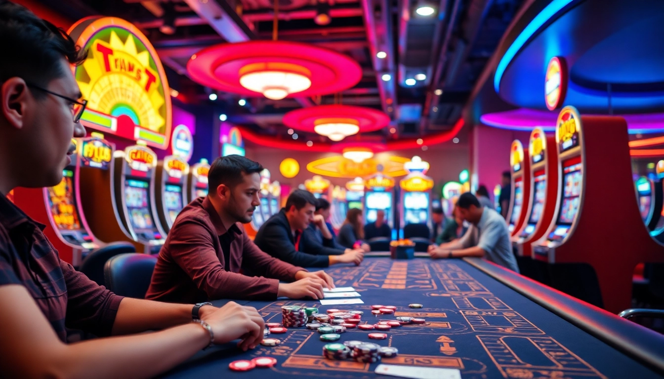Online casino spielen in action at a lively gaming table with colorful lights and chips.