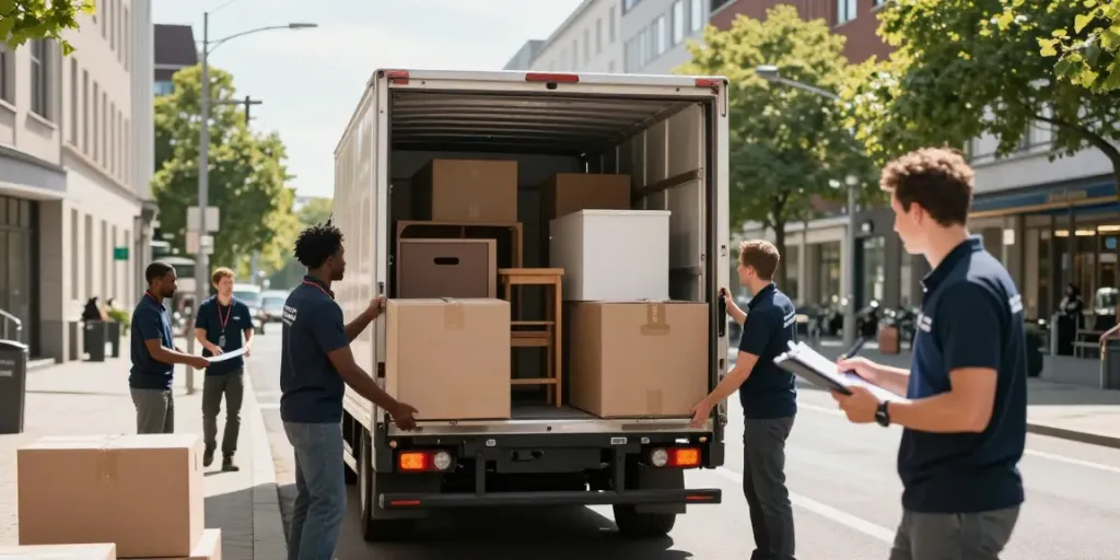 Professional movers executing Umzugsservice Berlin, loading a truck in the city.