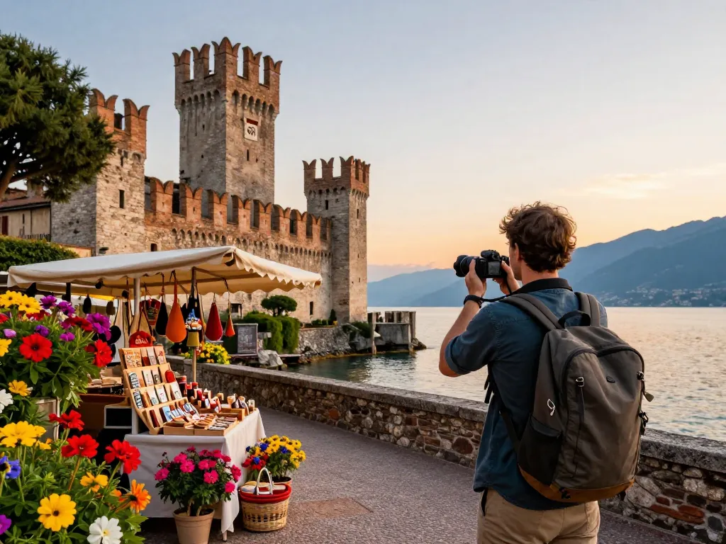 Entdecken Sie Gardasee Reisetipps mit Reisenden, die Momente am Scaliger Schloss, lebendige Blumen und den Abendsonnenuntergang festhalten.
