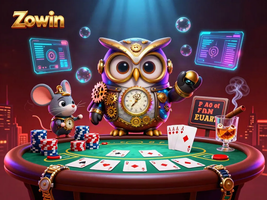 Experience thrilling gaming at Zowin with our steampunk owl and mouse at a vibrant casino.