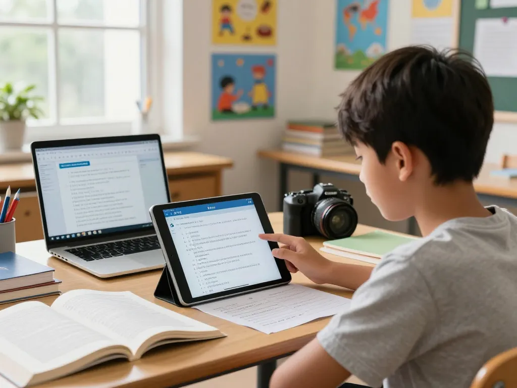 Schüler nutzt Hausaufgaben KI auf einem Tablet in einem hellen Klassenzimmer mit Lehrbüchern und Bildungsplakaten.