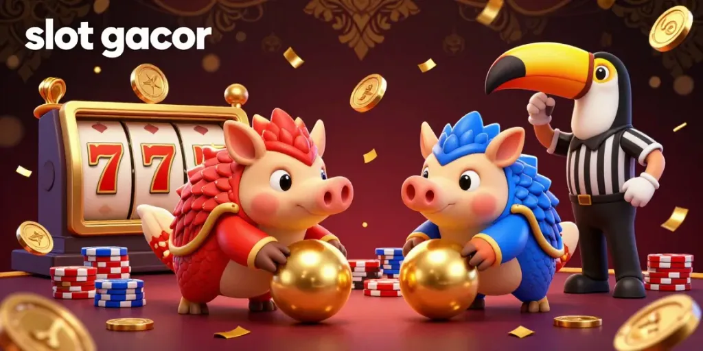 Experience thrilling gameplay action with slot gacor featuring rival pangolins bowling through poker chips.