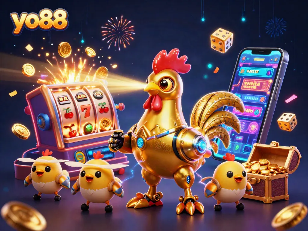 Experience thrilling jackpots with yo88 in this vibrant 3D casino scene full of fun elements.