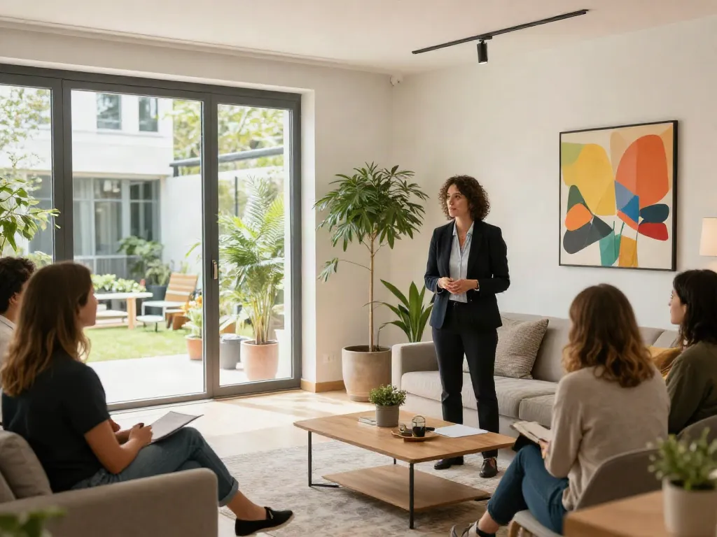 Bester Immobilienmakler Frankfurt präsentiert eine luxuriöse Immobilie mit Kunden.