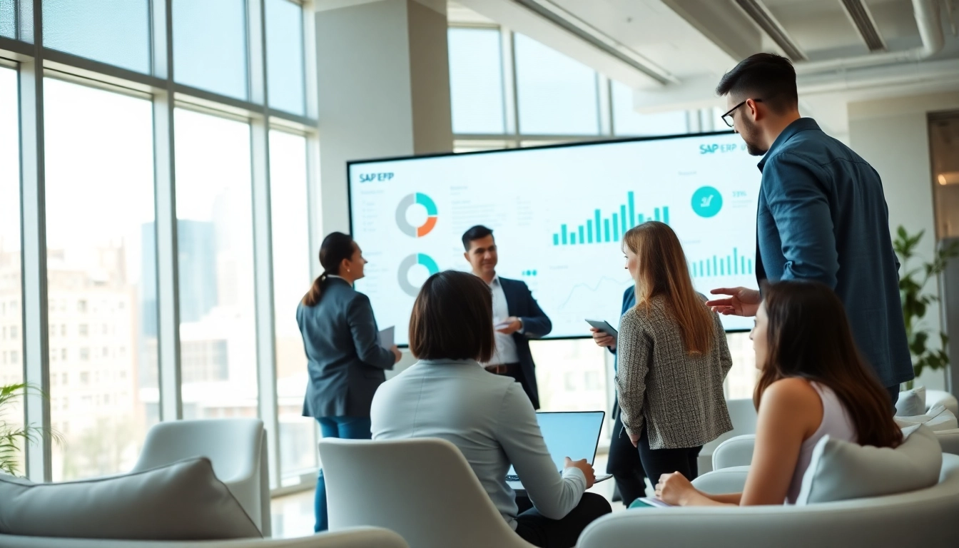 SAP ERP dashboards displayed in modern office setting with collaborative professionals.