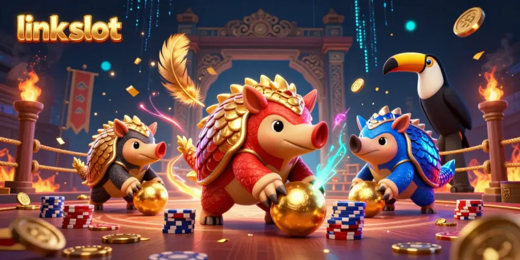 Experience thrilling action in link slot with vibrant pangolin characters rolling through golden balls and poker chips.
