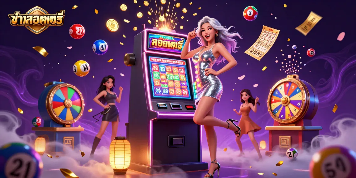 Excitedly celebrating a jackpot on a slot machine, ข่าวลอตเตอรี่ and colorful lottery elements surround.