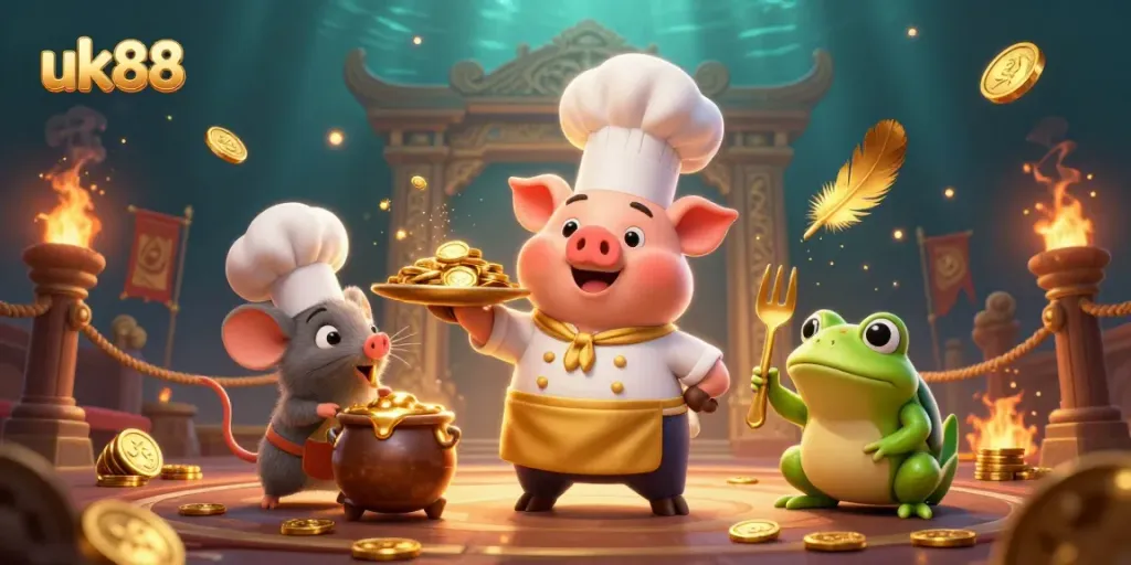 Win big with UK88 as a cartoon chef pig serves golden coins among dynamic casino action!