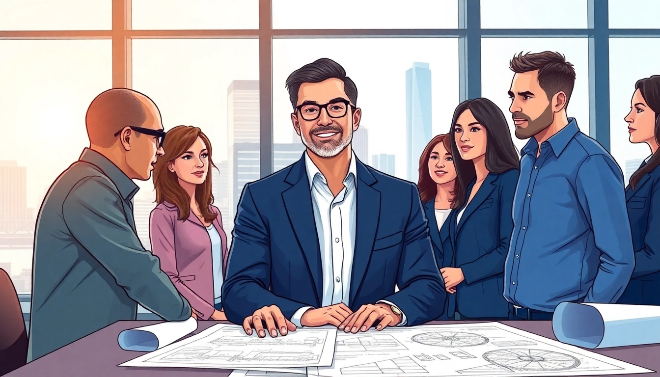 Headhunter Ingenieure in einem professionellen Bürogespräch mit Ingenieuren dargestellt.