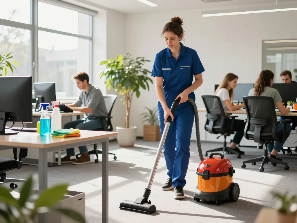 Effizienter Gebäudeservice in Emsdetten, der professionelle Reinigung in einem modernen Büro zeigt.