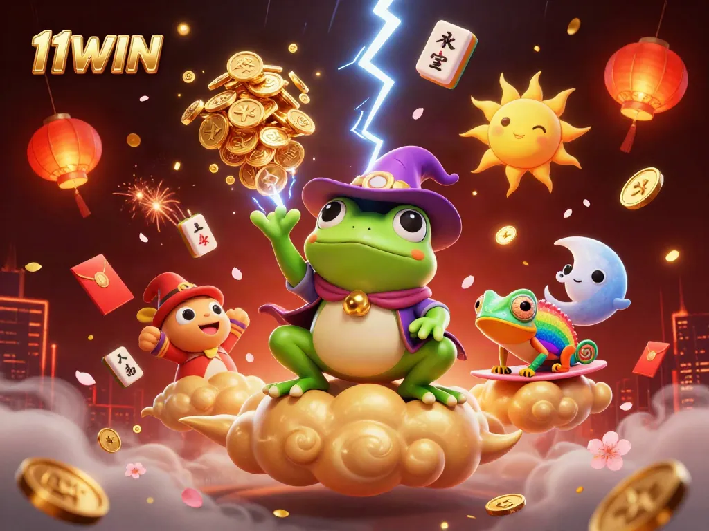 Experience the thrill of 11WIN with a magical scene of gaming characters creating a storm of coins.