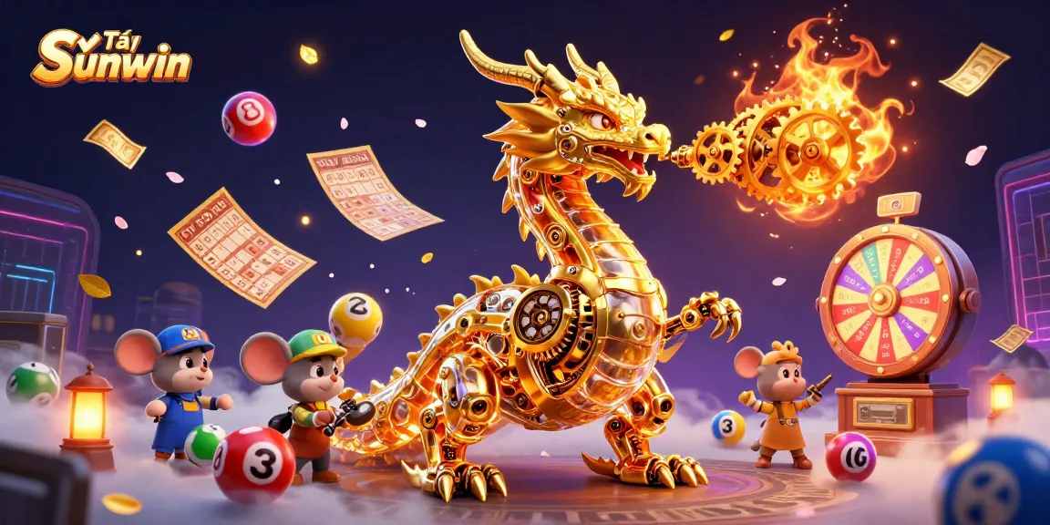 Tải Sunwin presents a vibrant scene of a golden dragon amid colorful lottery balls and a spinning prize wheel for players.