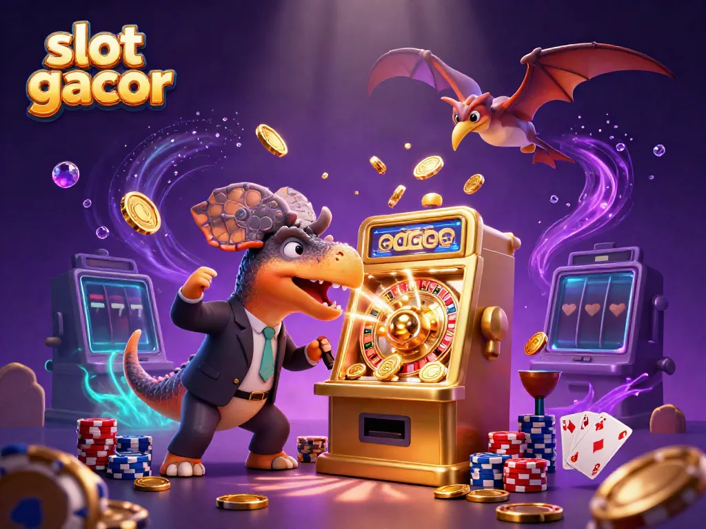 Experience thrilling wins with slot gacor; a vibrant casino scene showcasing dynamic characters and colorful elements.