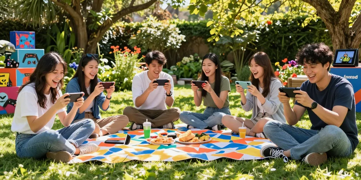 กลุ่มเพื่อนกำลังเล่น playme8 saba ในสวนสีสันสดใส พร้อมขนมและเครื่องดื่ม