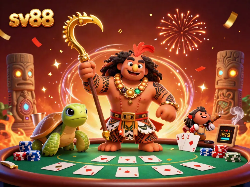 Experience thrilling poker action with sv88, featuring a dynamic hawk and turtle amidst vibrant casino elements.