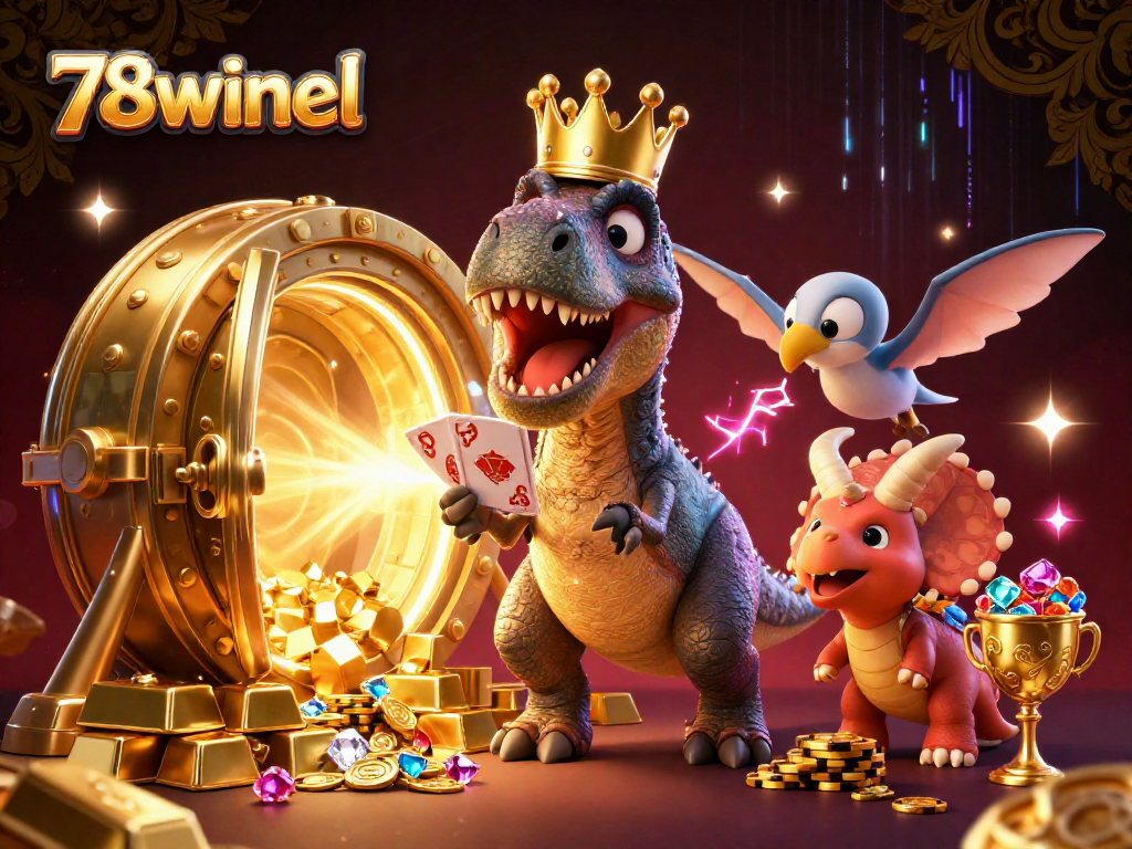 Experience thrilling entertainment with 78winel as a T-Rex card dealer, showcasing vibrant casino elements.