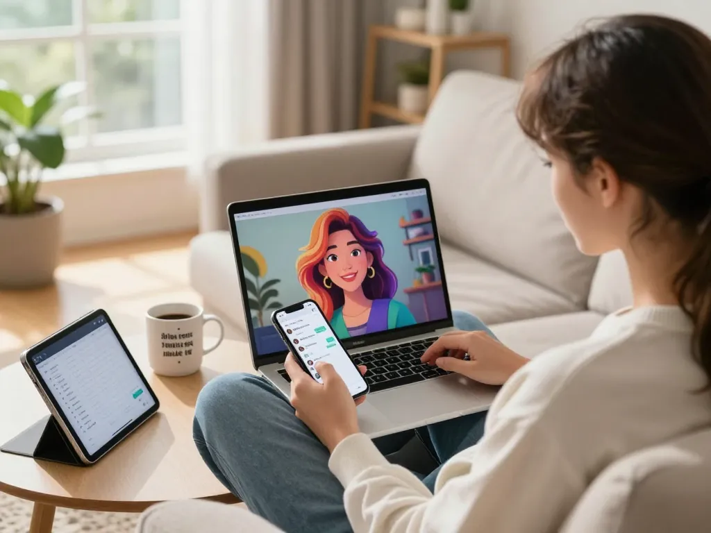 Engaging with a girlfriend AI on a laptop in a welcoming living room