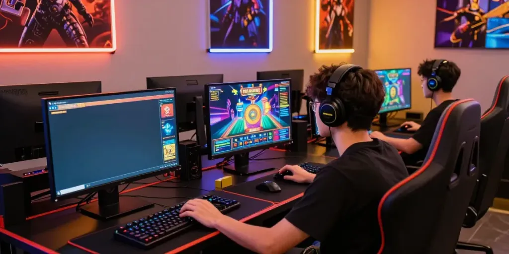 Dynamic gaming setup showcasing a player engaged in an online casino at https://nbet.page/ with a colorful display and stylish accessories.