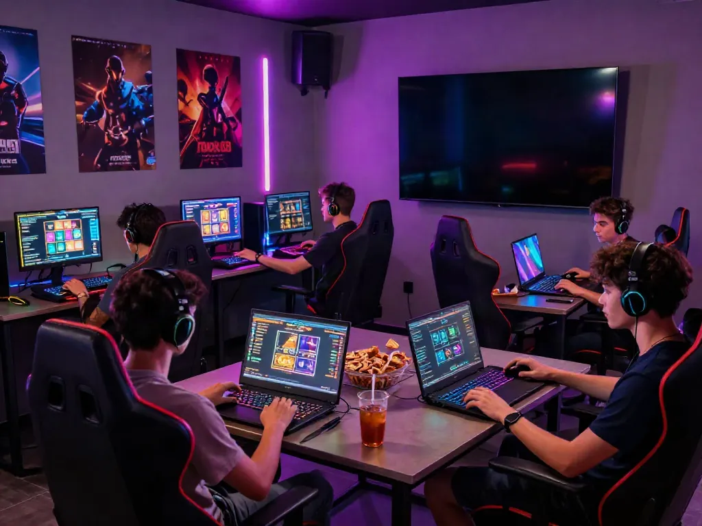 Friends enjoying rokok88 slot games in a vibrant gaming lounge.