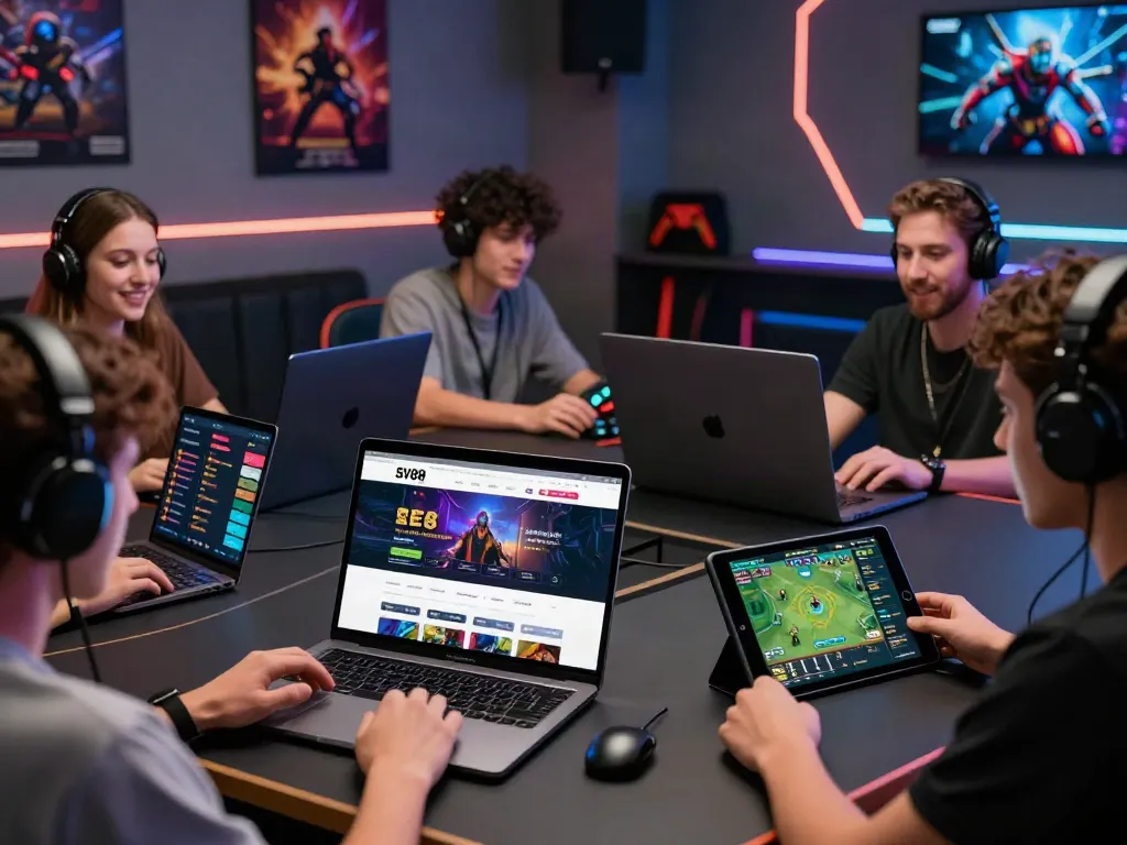Interactive online gaming scene showcasing the SV88 platform with diverse players and modern devices.