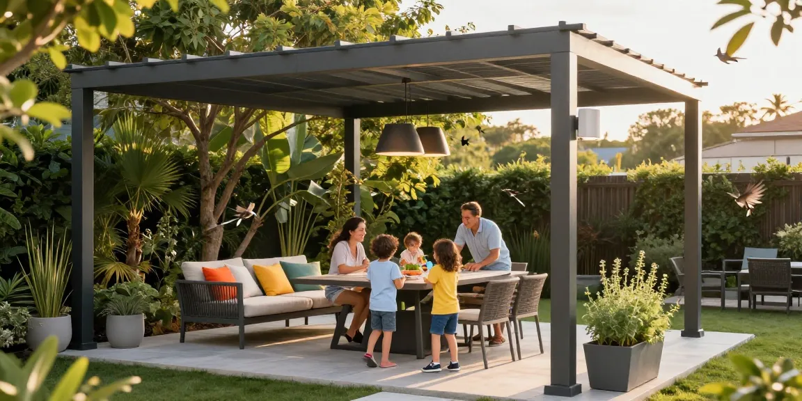 Moderne Terrassenüberdachungen mit Aluminiumstruktur und Familienaktivitäten im Freien.