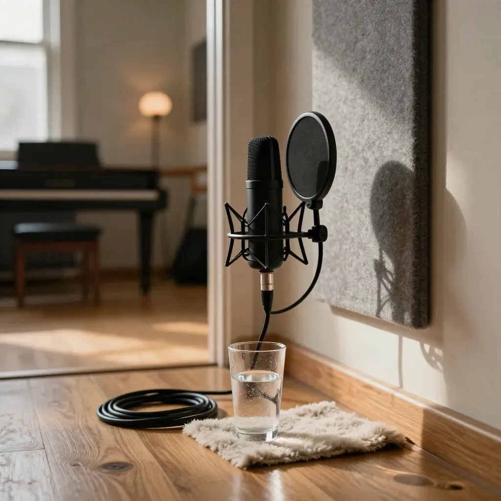 Gesangs-Ecke mit Mikrofon, Popfilter, Wasserglas und warmem Licht im Musikraum.