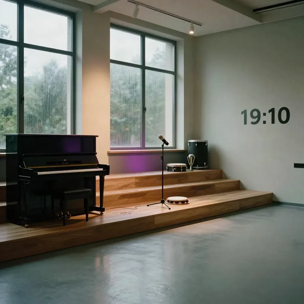 Dramatischer Kölner Musikraum mit Upright-Piano, Mikrofon, Percussion und Regenlicht