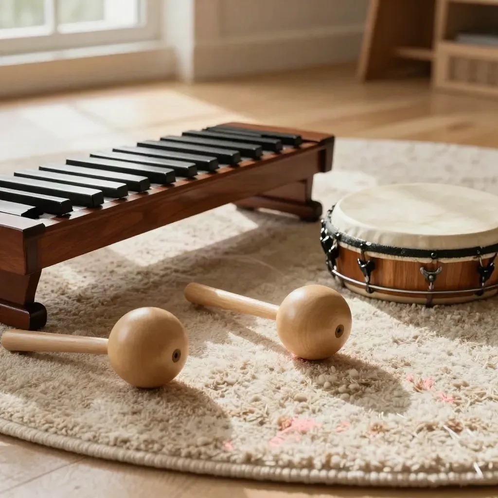 Kinder-Percussion auf weichem Teppich im warmen Musikraum, nah und bodennah fotografiert