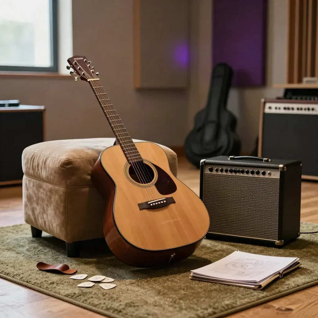 Gitarre, Capo, Plektren und kleiner Verstärker in einer warmen Songwriting-Ecke
