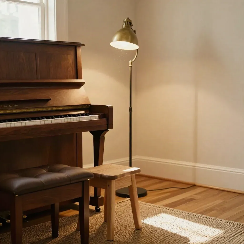 Familiäre Musik-Ecke mit Klavierbank, Kinderhocker, Mikrofonständer und warmem Fensterlicht.