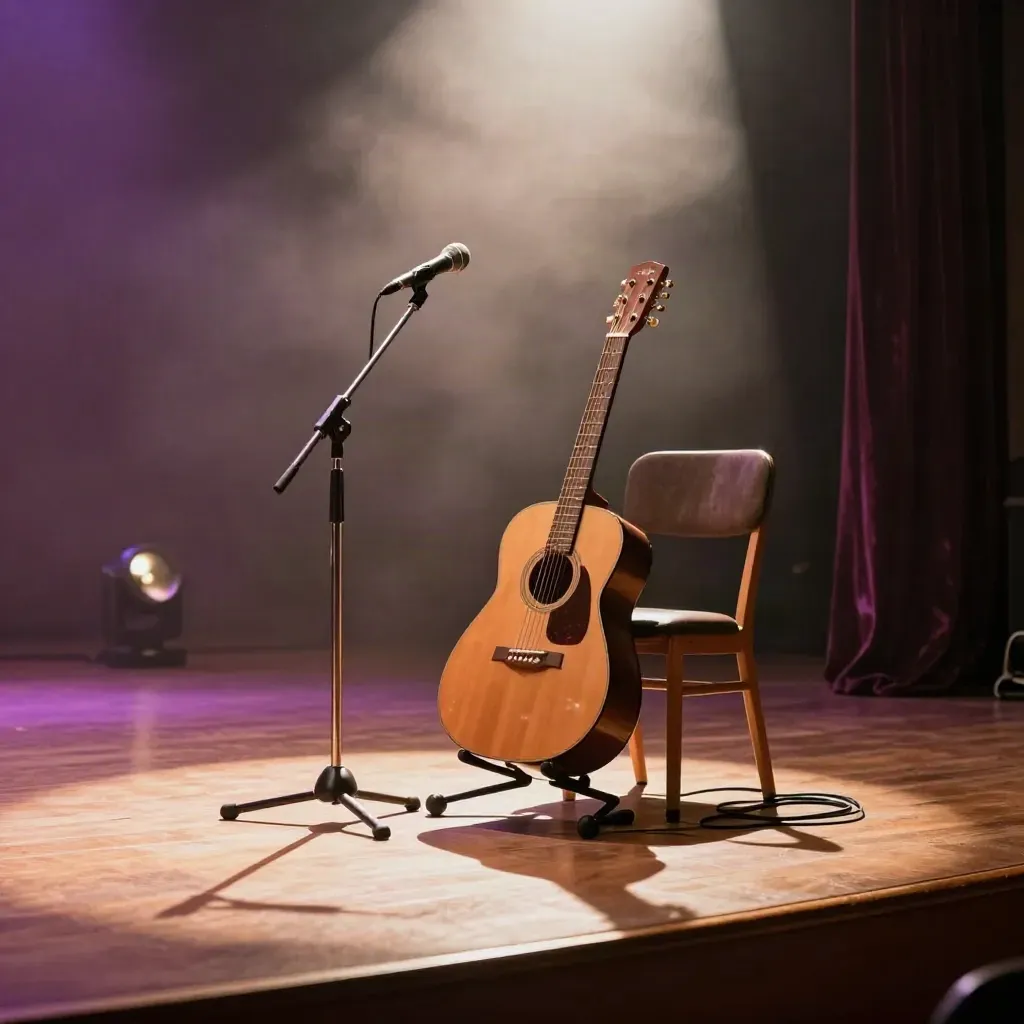 Leere Bühnen-Ecke mit Mikrofon, Gitarrenständer, Stuhl und warmem Licht im Nebel.
