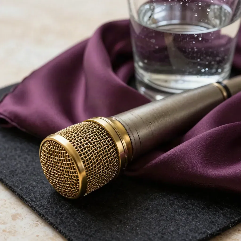 Brass-Mikrofonkapsel, Stimmpfeife, Seidenschal und Wasserglas auf dunklem Filz.