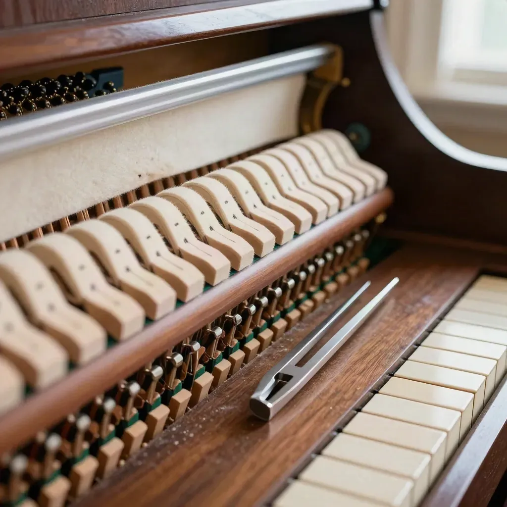 Piano-Mechanik mit Tasten, Filz und Stimmgabel auf einer Werkbank.