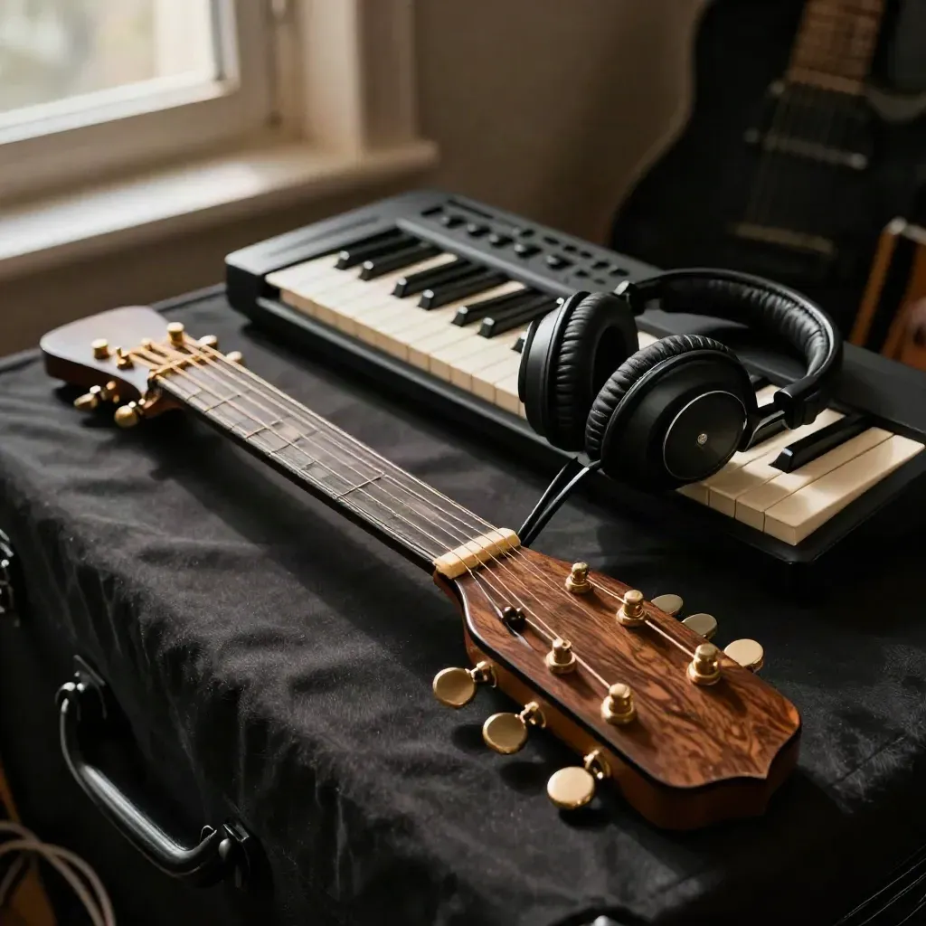 Gitarren-Kopfplatte, Kapodaster, Kopfhörer und Keyboardmodul auf schwarzem Tuch im Studio.