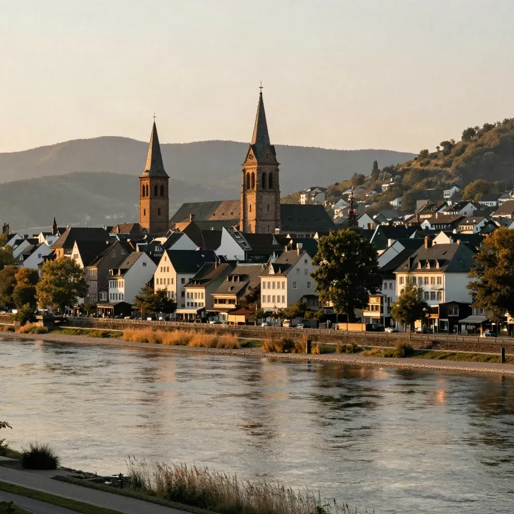 Blick über die Bonner Altstadt zum Siebengebirge im warmen Abendlicht und Rheinbogen.