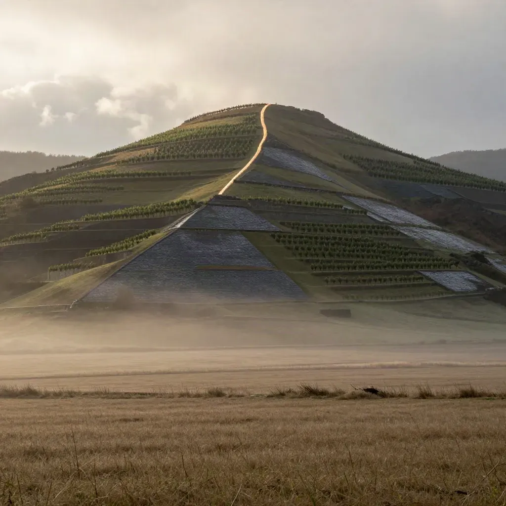 Misty Drachenfels-Hügel mit Weinbergslinien über ruhigen Feldern