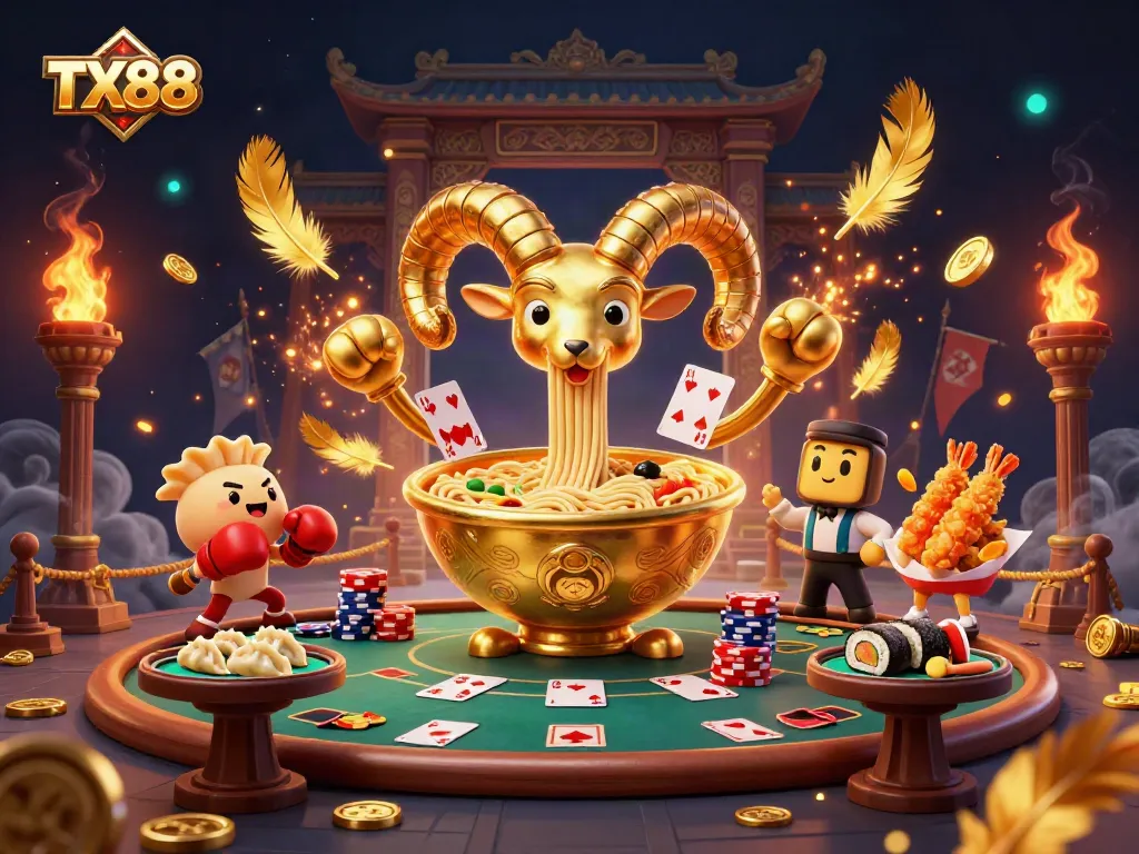 Deal cards and stack chips with TX88's golden ramen bowl and gyoza sidekick in a lively casino scene.