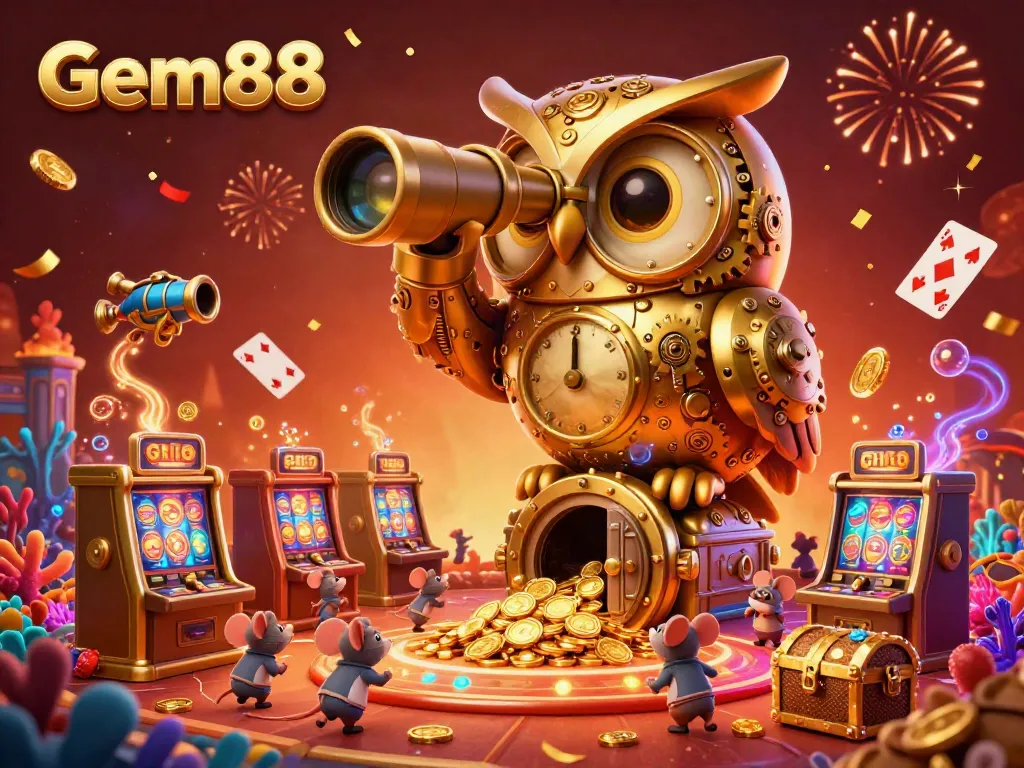 Experience Gem88's vibrant casino with a golden owl overseeing a lively slot scene filled with treasures.