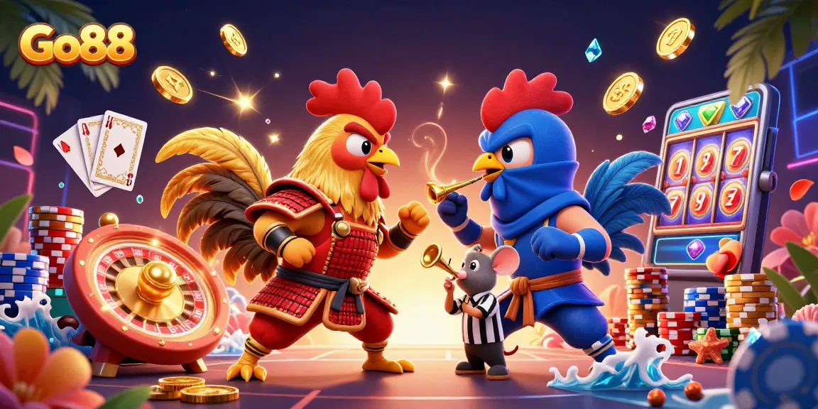 Experience thrilling gameplay at Go88 with fighting roosters and exciting casino elements.