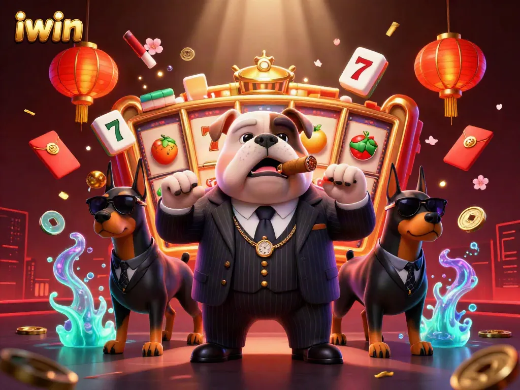 iwin mafia boss bulldog oversees slot reels and game elements in a vibrant casino scene