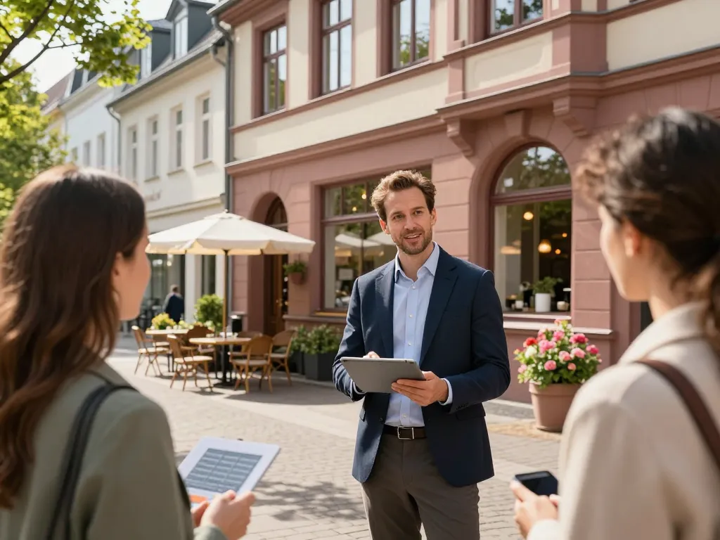 Immobilienmakler Frankfurt Sachsenhausen, der Kunden in einer charmanten urbanen Umgebung mit historischer Architektur anspricht.
