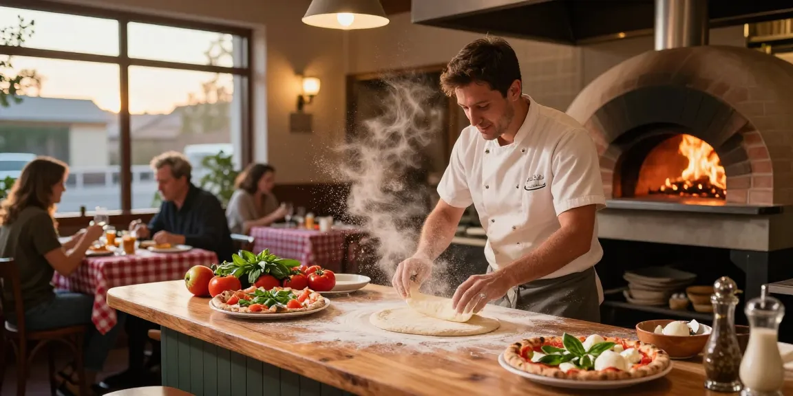 Chef preparing authentic pizza dough at Pizzeria Madera showcasing pg soft ingredients in a cozy pizzeria atmosphere.