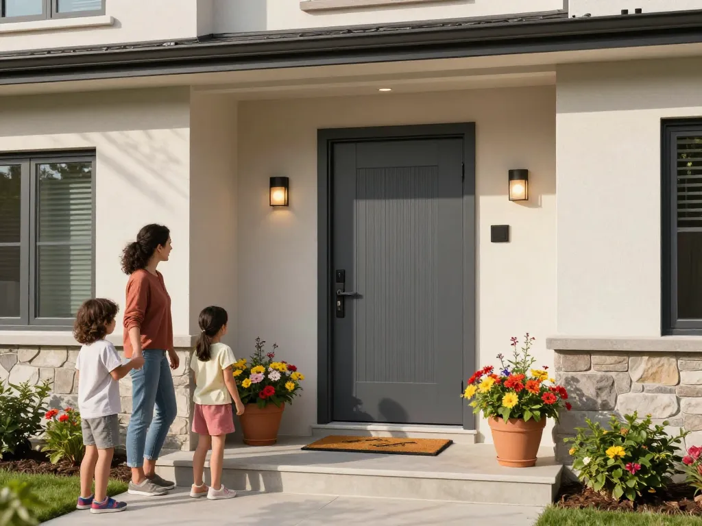 Stilvolle Haustür mit Familie auf der einladenden Stufe.