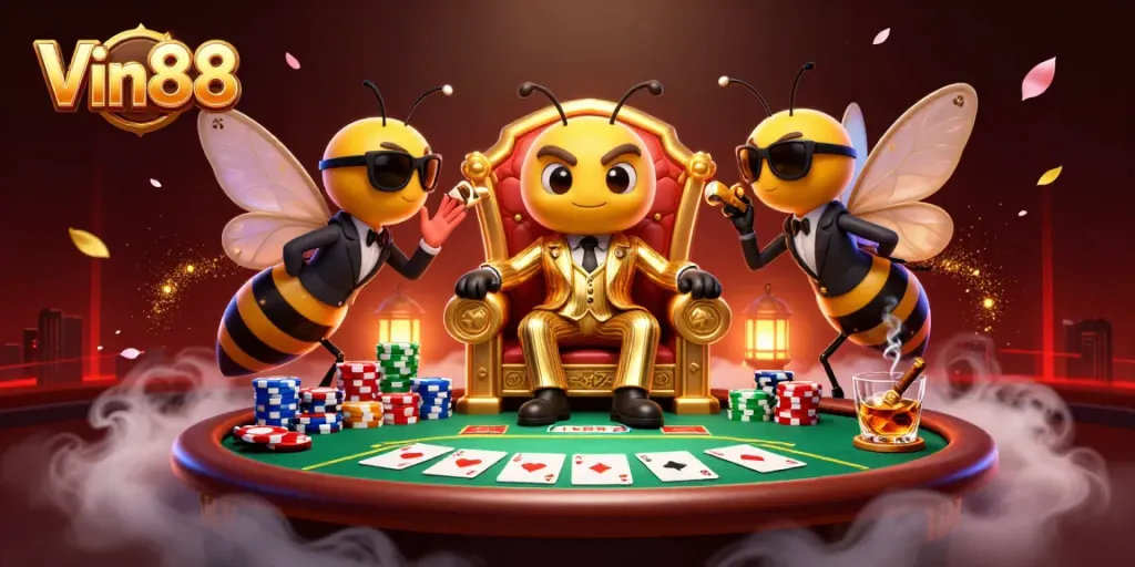 Win big with Vin88 in this vibrant 3D illustration of a cartoon-style casino scene filled with action.