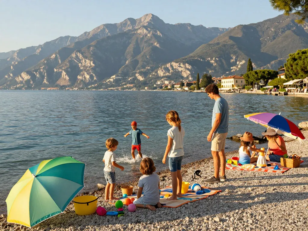 Reisetipps Gardasee: Familie genießt einen sonnigen Tag am Gardasee mit spielenden Kindern und einer Kulisse am Seeufer.