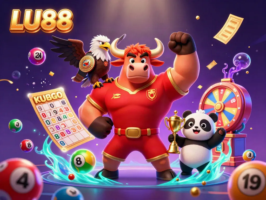 Experience exciting wins with LU88, featuring a victorious bull mascot, an eagle, and a panda amidst vibrant lottery elements.